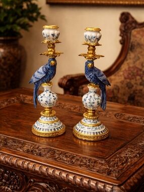 Elegant Blue & White Resin Parrot Candle Holders (Pair)